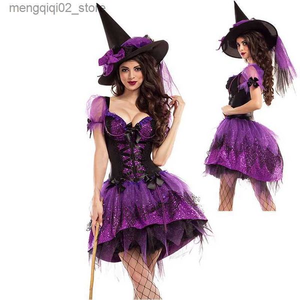 Tema Traje Múltiplo Carnaval Halloween Lady Roxo Elegante Bruxa Venha Cute Tuxedo Magic Sorceress Playsuit Cosplay Fancy Party Dress Q231010