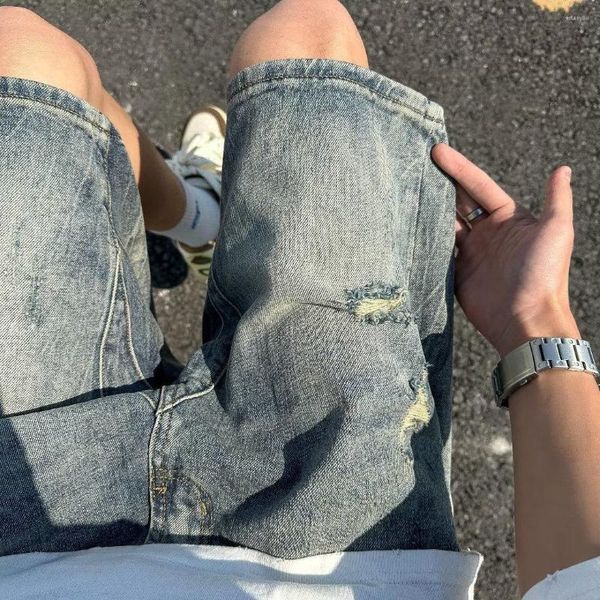 Herren-Jeans, perforierte Denim-Shorts für den Sommer 2023, amerikanische gewaschene Hosen, lockere trendige Capris mit geradem Bein