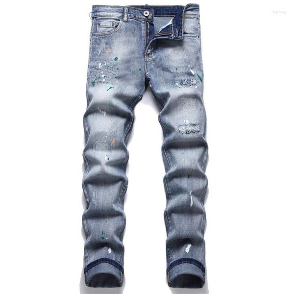 Herrenjeans Hochwertige Modemarke 2023 Street Punk Style Farbe Blau Gebrochen Kleiner Fuß Eng Mid Rise