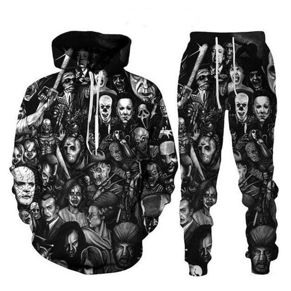 Moda filme de terror palhaço 3d todo impressão fatos de treino das mulheres dos homens halloween hoodie joggers calças suit251h