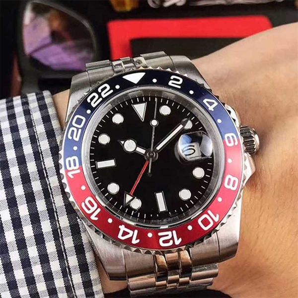 Relógio de luxo Roles St9 Aço Relógio Aço Inoxidável Azul Vermelho Bezel Dial 3866 Movimento Automático Mecânico GMT Ajustável Homens Cinto Relógios Relógios de Pulso