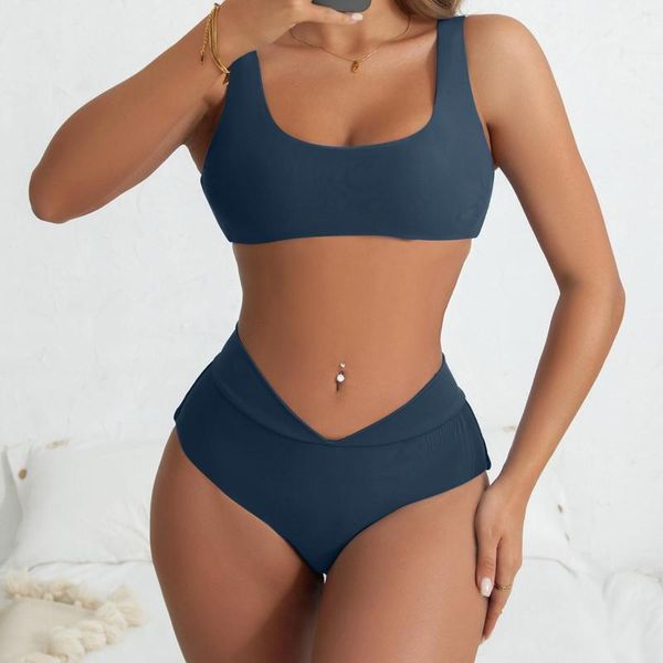 Costume da bagno da donna Costume da bagno donna 2023 Bikini diviso in tinta unita a vita alta Completo a due pezzi Controllo della pancia Taglie forti