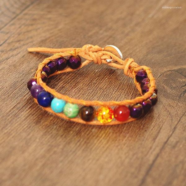 Charme Pulseiras 8mm Roxo Hematita Grânulos De Couro Envoltório Handmade Mulheres Boho Pulseira Strand 7 Chakra Mala Bangle