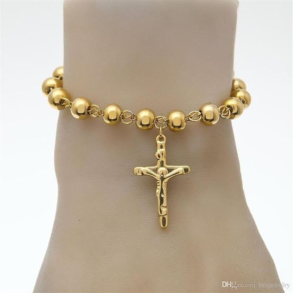 Gioielli Hip Hop Bracciale con perline rosario placcato oro 14K Croce in acciaio inossidabile con ciondoli Gesù Catena a maglie con pendente Religione femminile Pu257x