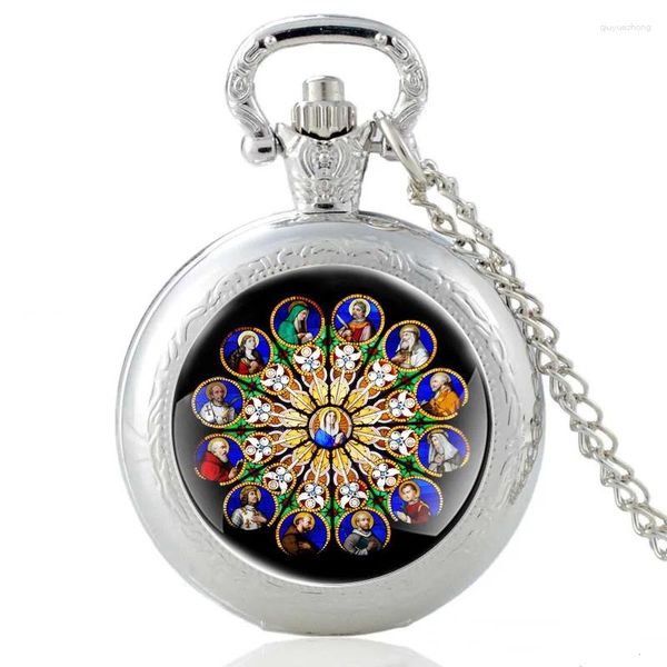 Orologi da tasca Christian Beata Vergine Maria Design Argento Orologio al quarzo vintage Orologio con ciondolo Uomo Donna Collana con cupola in vetro Regali