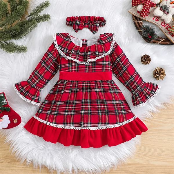 Vestidos da menina xadrez princesa crianças bebê meninas vestido trajes de natal bonito colar de boneca flare vestido de festa de manga longa com faixa de cabeça para criança 231010