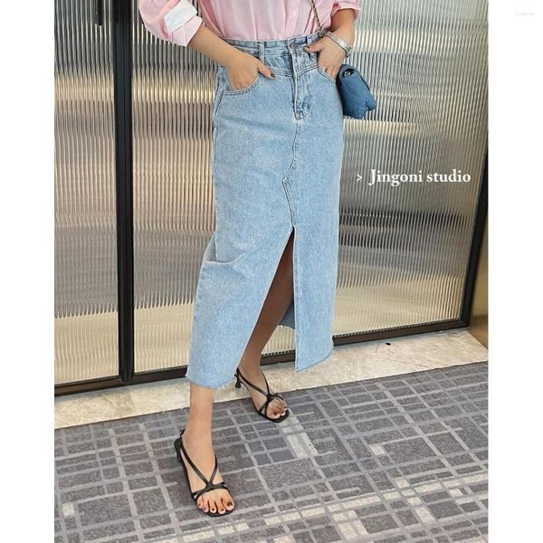 Saias y2k 2023 denim saia com fenda roupas femininas uma peça verão coreano moda longa maxi envoltório vintage cetim carga lápis primavera