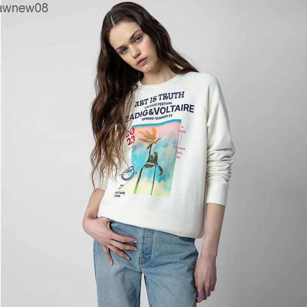 Kadın Hoodies Sweatshirts 23 Erken Sonbahar Yeni Fransız Niş ZV Hindistan Cevizi Mürekkep Dijital Baskı Pamuk Yuvarlak Boyun Raglan Kollu Sweater