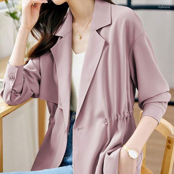 Frauen Jacken Weibliche Kleidung Einfarbig Mode Raffen Frühling Herbst Langarm Single Button Koreanische Lose Tailored Kragen Mäntel