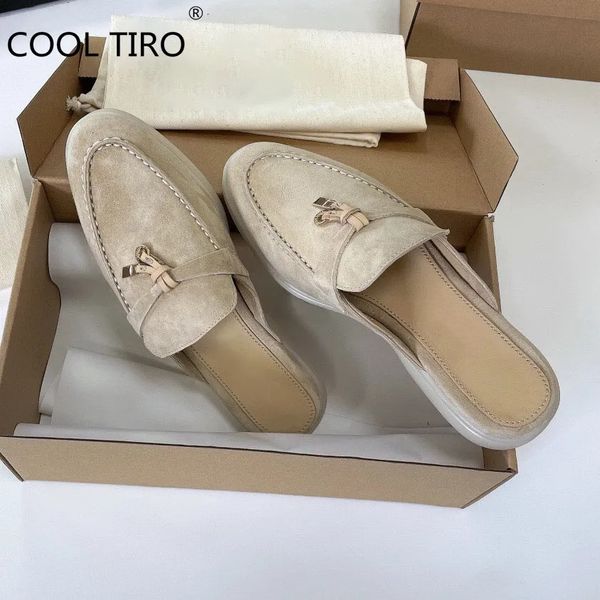 Sapatos de vestido Babouche Verão Caminhada Mocassins Khaki Camurça Chinelo Mulheres Sapatos Planos Genuínos Couro Casual Mules Metal Lock Borlas Mocassim Macio 231009