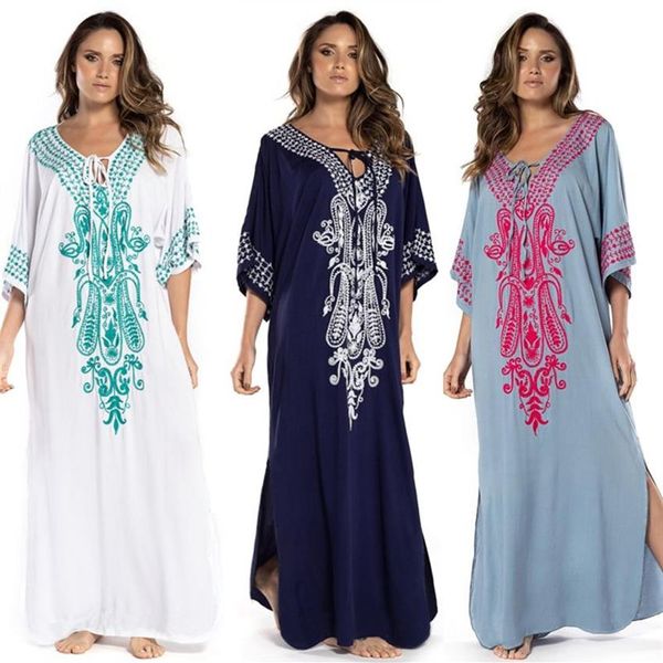 2021 Indie Folk Lace Up V-Neck Batwing Manga Verão Vestido de Praia Túnica Mulheres Beachwear Kaftan Maxi Vestido Robe Sarong N775 210224236B