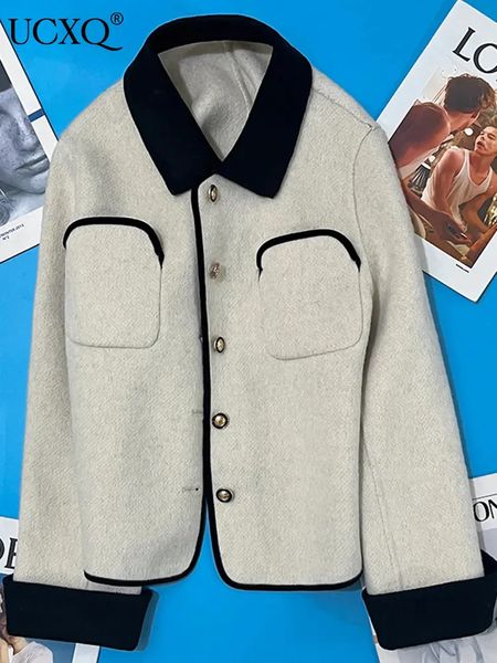 Ternos femininos blazers ucxq inverno lã blazer casaco para mulheres calor manga longa duplo bolso emendado terno jaqueta outono inverno 23a5122 231010