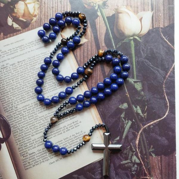 Ожерелья с подвесками Diyalo, католический голубой камень, кристалл тигрового глаза, камень, молитвенные бусины, цепочка с гематитовым крестом, четки, ожерелье, венок, подтверждение