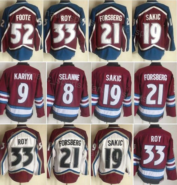 Retro Hockey Vintage 19 Joe Sakic Trikot CCM Classic 33 Patrick Roy 8 Teemu Selanne 9 Paul Kariya 52 Adam Foote 21 Peter Forsberg Stitch Pullover Atmungsaktiver Ruhestand