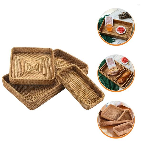 Conjuntos de louça 3 pcs cesta de armazenamento de mesa portátil recipientes de lanche cestas rattan bandeja quadrada frutas domésticas