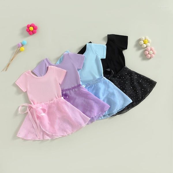 Kleidungssets 2–10 Jahre Kinder Mädchen 2-teilige Outfits Ballett-Trikots Kurzarm-Tanzoutfit mit abnehmbarer Rockkleidung