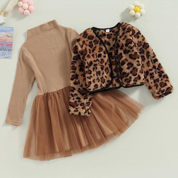 Set di abbigliamento Autunno Bambini Ragazze Abiti coordinati Maglia a maniche lunghe Abito in tulle Pile Giacca leopardata Set di capispalla