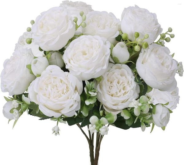 Flores decorativas de seda artificial rosa de alta qualidade 5 cabeças grandes buquê branco peônia para mesa de casamento presente diy vaso decoração de casa