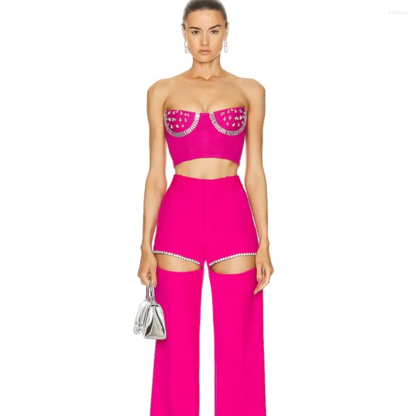 Женские брюки из двух частей 2023, модный костюм знаменитостей для красной дорожки, женские сексуальные топы без бретелек с бисером, облегающее бандажное вечернее платье