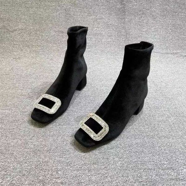 Botas curtas de salto grosso camurça salto médio botas femininas manga de inverno fivela quadrada brilhante botas de moda coreana dedo do pé quadrado 101223