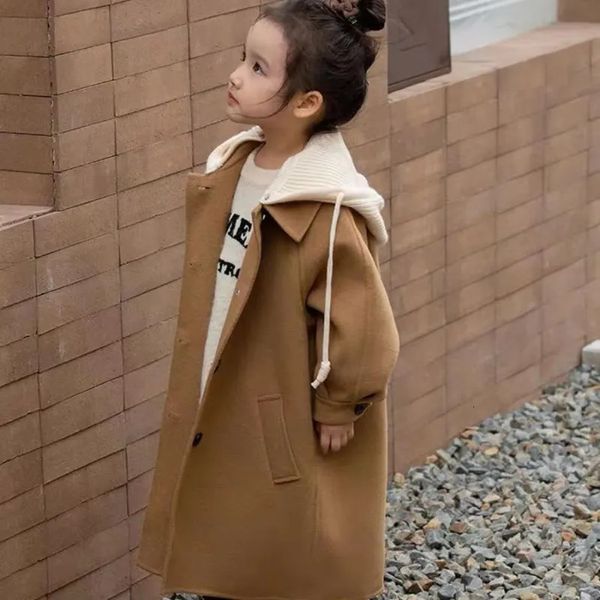 Пуховое пальто для детей от 3 до 12 лет, зимнее и осеннее детское пальто, шерстяное пальто средней длины, модная одежда с капюшоном для мальчиков и девочек 231009