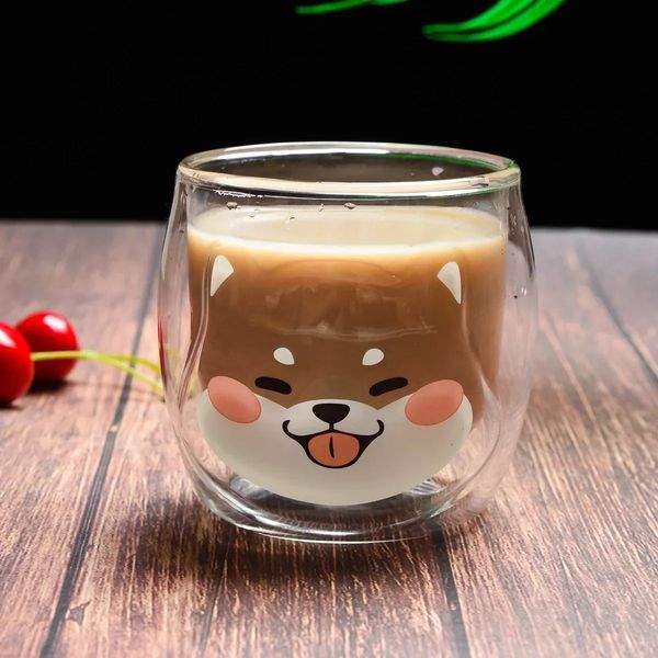 Canecas Bonito Shiba Inu Canecas Dupla Camada Isolada Caneca Bonito Chá Leite Copo Criativo Animal Coffe Vidro Natal Aniversário Menina Presentes 231009