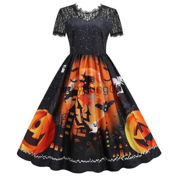 Costume a tema 2023 Costumi gotici spaventosi Halloween Abito vintage Patchwork in pizzo Manica corta Abiti da festa Cosplay Costume da strega Abbigliamento donna x1010