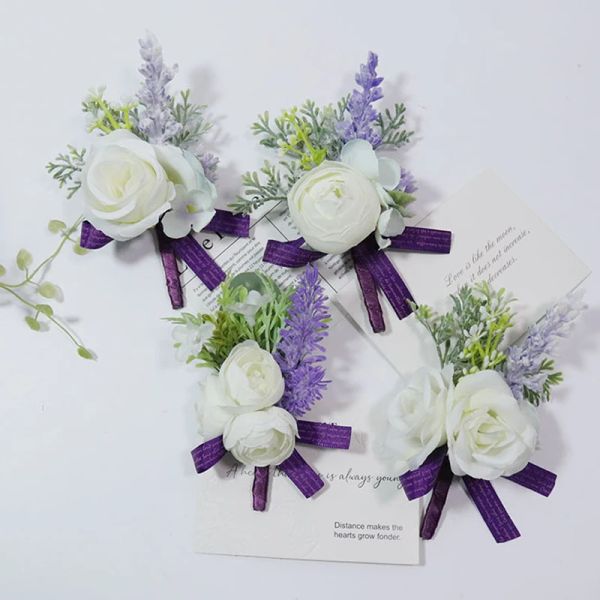 Fiore all'occhiello da sposa Polso Fiori Corpetto Bracciale Damigella d'onore Uomo Corpetto Rose di seta viola Fiore a mano Forniture per ballo di fine anno