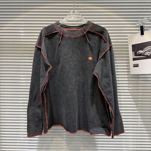 Damen-Kapuzenpullover, Streifenbesatz, graues Vintage-Sweatshirt, übergroßes Rundhals-Langarm-Sweatshirt mit bequemen Farben, Thread-Water-T-Shirt