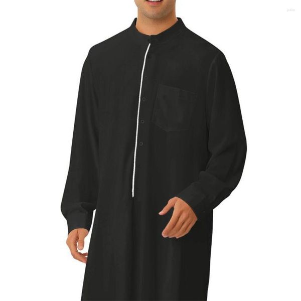 Etnik Giyim Erkek Düğmesi V Boyun Uzun Kollu Maksi Elbise Tam Uzunluk Gevşek Gevşek Kaftan Çöp Müslüman Orta Doğu Erkekler