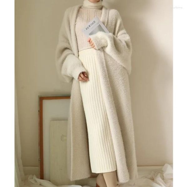 Maglieria da donna visone finto cardigan in cashmere autunno inverno abbigliamento donna morbido sciolto pigro lungo cappotto spesso caldo maglione lavorato a maglia capispalla