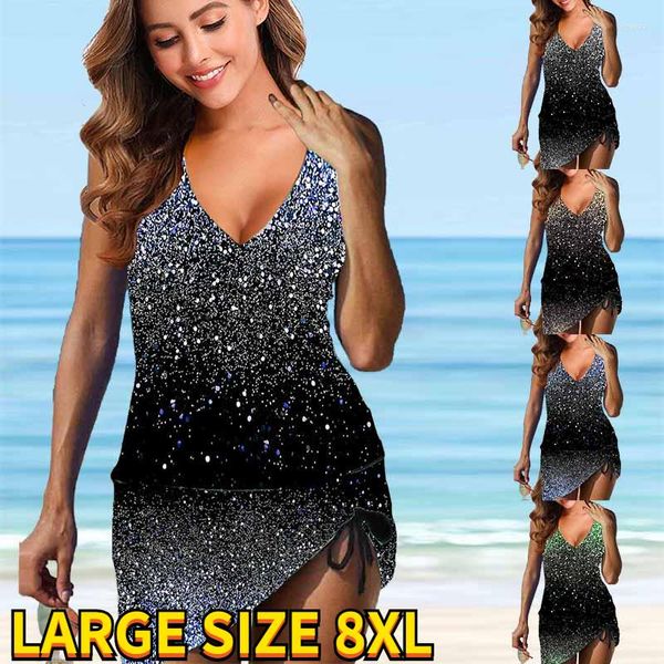 Mulheres Swimwear 2023 Mulheres Duas Peças Maiôs Sexy V Neck Tankini Swimdress Imprimir Biquinis Set Verão Moda Monokini Beachwear