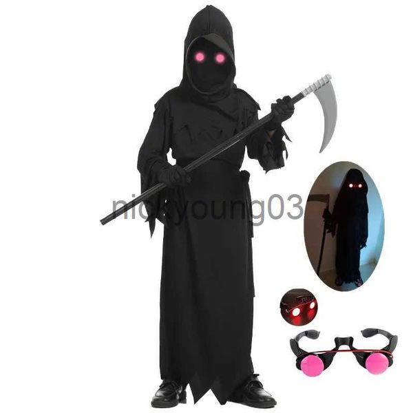 Traje tema brilhante olhos vermelhos halloween horror traje grim reaper traje para meninos crianças cosplay traje com foice x1010