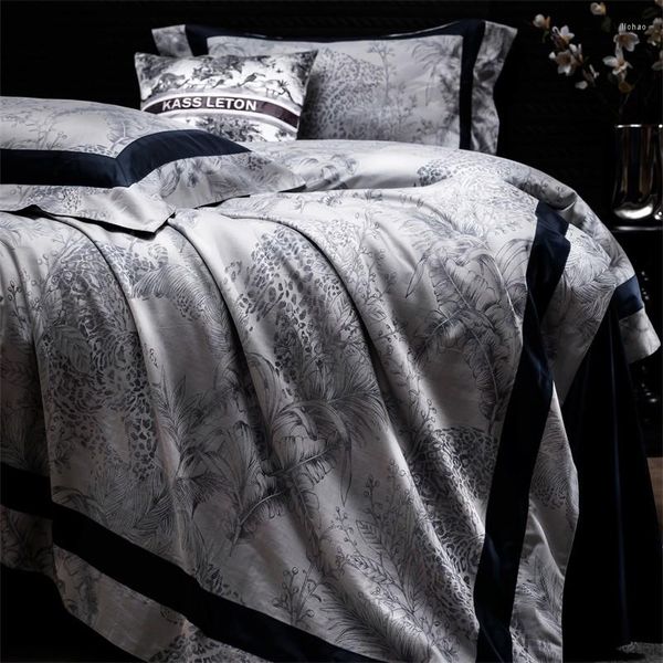 Set di biancheria da letto di lusso nero grigio patchwork set morbido cotone 1000TC setoso giungla tropicale foresta copripiumino lenzuolo federe