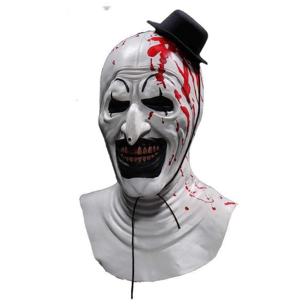 Bloody Terrifier Art Die Clown-Maske Cosplay Gruseliger Horror-Dämon Böser Joker-Hut Latex-Helm Halloween-Party-Kostüm-Requisiten