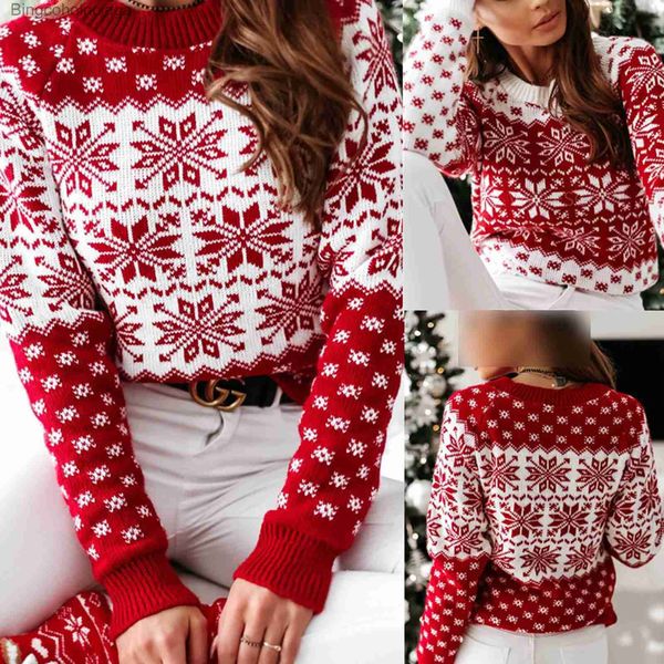 Kadın Sweaters Tığ Eirleme Kadınlar Temel Jumpers Gevşek Fit Kar Tanesi Desen Uzun Kollu Noel Tarzı Gündelik Mürettebat Boyun Tatil Outfitl231010