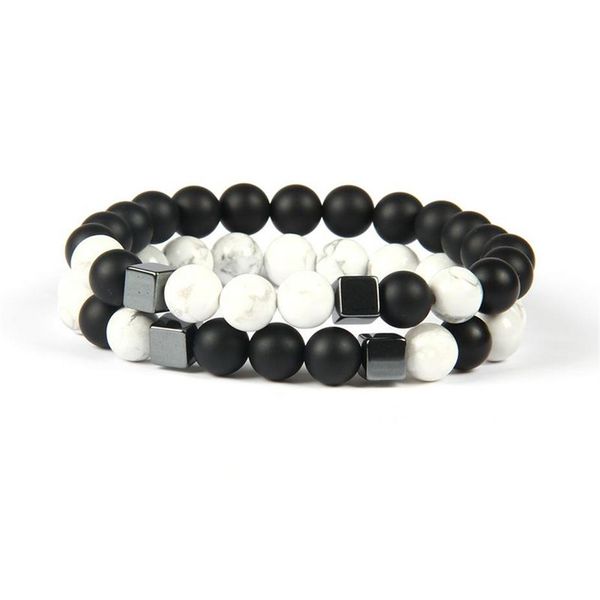 Mens Jóias Todo 10 pçs / lote 8mm Qualidade Matte Ágata Branco Howlite Mármore Pedra Quadrado Frisado Pulseiras para men286S