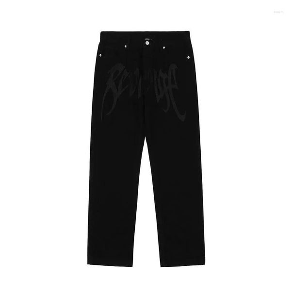 Jeans da uomo Moda Nero Street Wear Pantaloni casual a vita bassa ricamati Hip Hop dritto