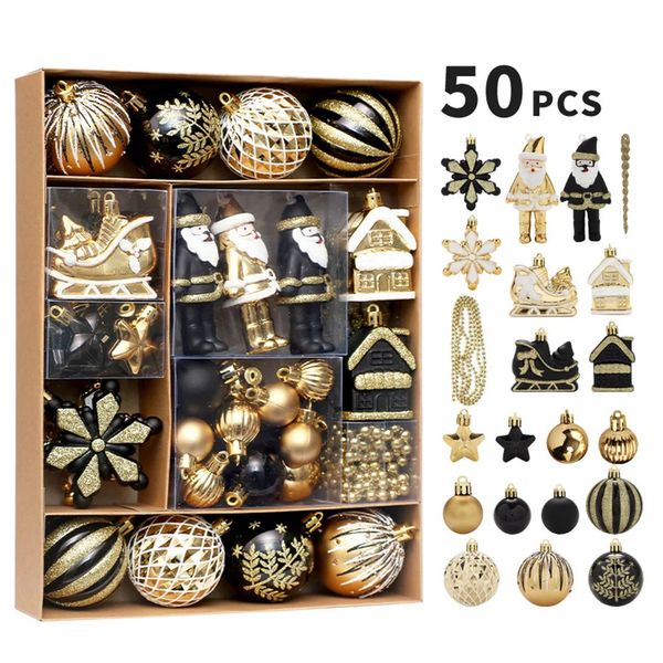 Noel Dekorasyonları 50 PCS Yenilik Noel Balls Süsler Hediye Siyah Altın Paket Seti Nordic Elk Dekoratif Noel Ağacı Navidad Partisi Dekorasyonu 231010