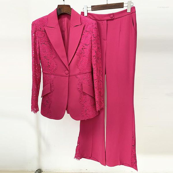 Calças femininas de duas peças 2023 Star Fashion Lace Splice Slim Fit Único Botão Terno Alto-falante Conjunto Rosa Jaqueta Rosa Mulheres