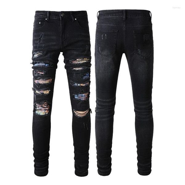 Jeans da uomo di qualità di lusso Streetwear da uomo Pantaloni skinny effetto consumato Bandana Toppe per costole Nero Strappato Mendicante Denim Drop