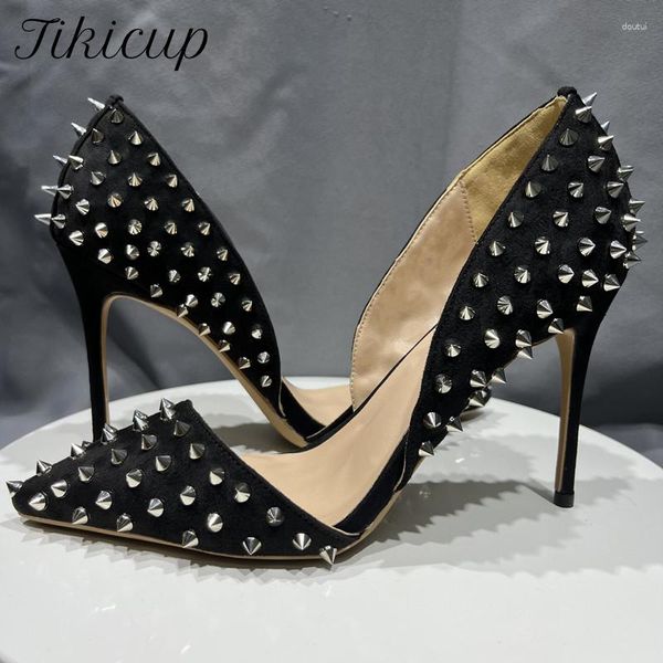 Sapatos de vestido Tikicup Black Flock Pointy Toe Side Cut Salto Alto com Spikes Sexy Camurça Deslizamento em Bombas de Stiletto para Festa Mostrar Casamento