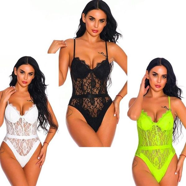 Frauen Spitze Bodysuit Sexy Dessous Pyjamas Offener Schritt Nachtwäsche Teddy mit Riemchen Wimpern Körbchen Damen Nachtwäsche Babydoll Underw282S