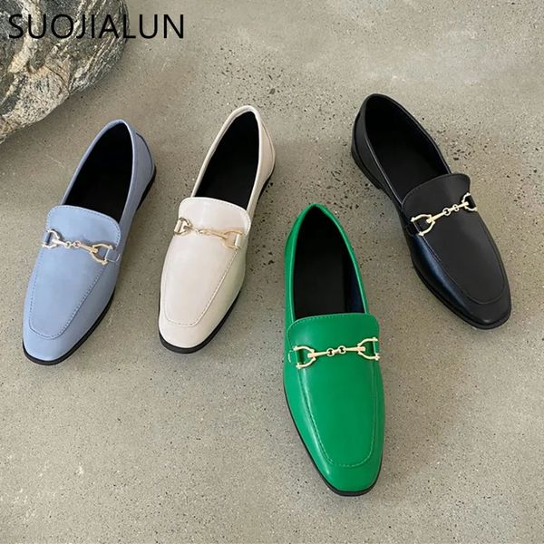 Kleidschuhe SUOJIALUN Frühling Frauen Slip On Loafer Herbst Mode Britische Metallschnalle Flache Schuhe Runde Zehe Grün Casual Ballerina 231009