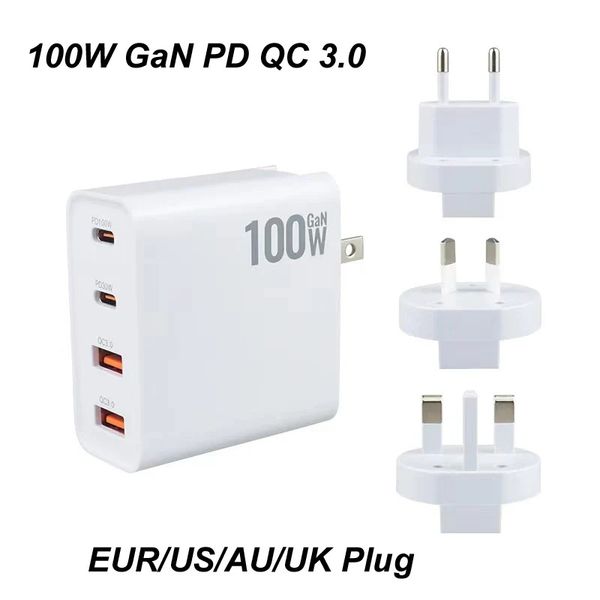 Carregador 100W USB C GaN PD Carregador rápido para iPhone 15 Pro Max QC3.0 Type C Adaptador de carregador para Xiaomi Huawei Samsung ipad MacBook Laptop Smartphone Carregamento rápido com caixa