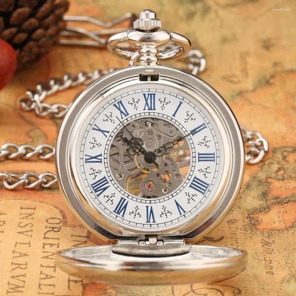 Карманные часы, модные синие римские цифры, циферблат, серебряные механические часы с ручным заводом, круглая прозрачная крышка, кулон, подарок