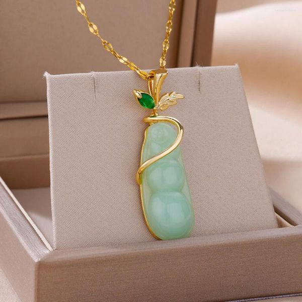 Colares de pingente planta verde colar de pedra natural para mulheres 18k banhado a ouro jóias cadeia de corpo vintage accessorie feijões bonitos