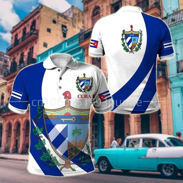 Erkek Polos Yaz Polo Gömlek Küba Ulusal Amblem Baskılı Küba Bayrak Deseni Büyük boy T-Shirt Kısa Kol Günlük Top