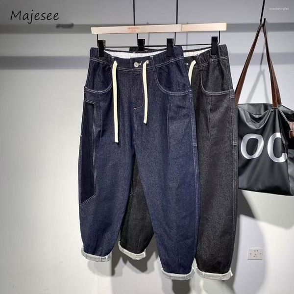 Jeans masculinos outono harem homens harajuku elegante chique solto all-match partchwork design bonito denim calças básicas hip hop roupas