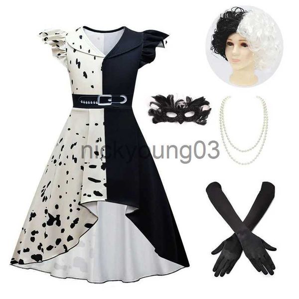 Thema Kostüm Böse Madame Cruella De Vil Cosplay Kostüm Mädchen Kleid Schwarz Weiß Dienstmädchen Kleid Halloween Party Kleid mit Maske Perücke Halskette Handschuhe x1010